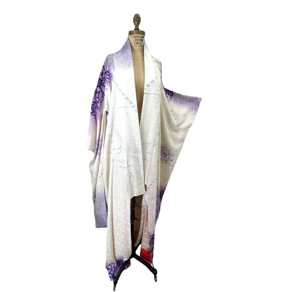 Japanese Silk Furisode Kimono Pure Silk Hand-Paint Ombre Plum Texture One‎ Size - Picture 4 of 9